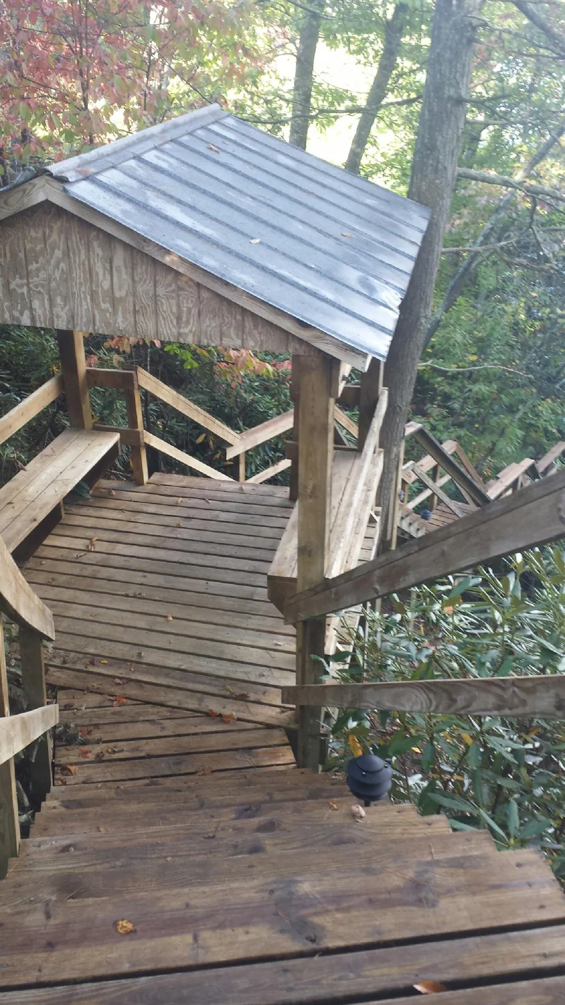 Metal roofed shelter over wooden steps on a wooded walkway — Skylight Repair & Installation work by our crew in Eldon